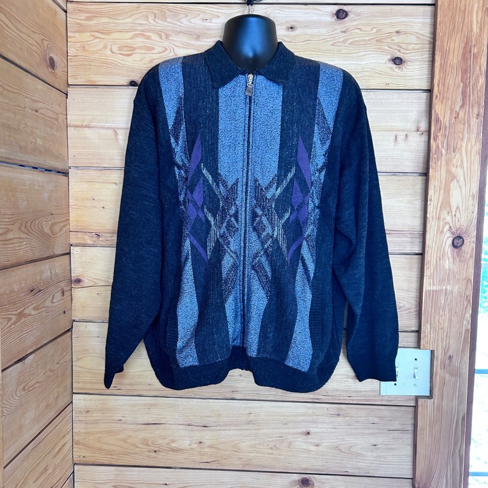 Vintage Sweater Jacket Mens Large Grey Blue Geometric Argyle Retro Full Zip MCM